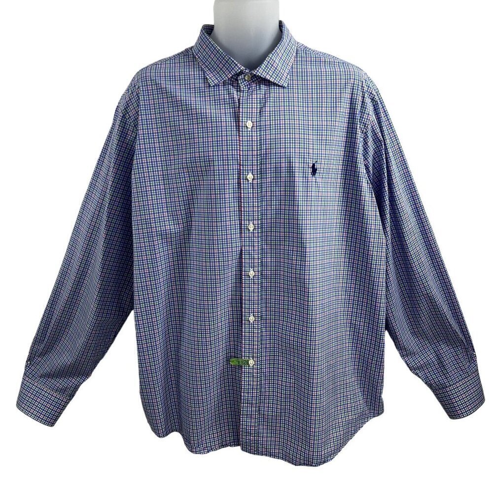 POLO Ralph Lauren XXL Gingham Plaid Twill Dress Shirt 100% Cotton Button Up Logo